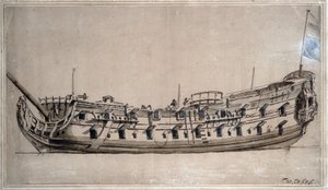Brits vierdeklas schip, met 42 kanonnen, gebouwd rond 1675. Inkttekening door Willem van de Velde de Jongere (1633-1707) door Willem van de Velde the Younger