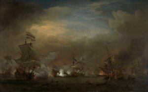 Nachtelijke zeeslag tussen Cornelis Tromp op de Gouden Leeuw en Sir Edward Spragge op de Royal Prince door Willem van de Velde the Younger
