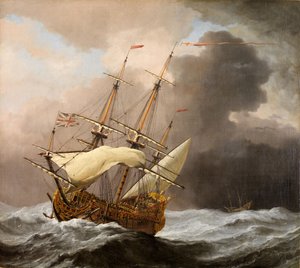 Het Engelse schip Hampton Court in een storm