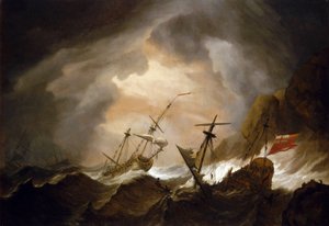 Twee Britse schepen vergaan in de storm nabij een rotsachtige kust. Olieverf op doek, rond 1700, door Willem van de Velde (1633-1707)