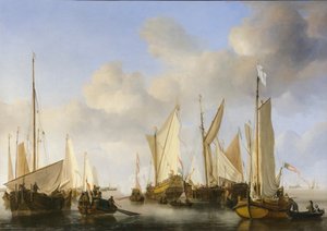Een Nederlands jacht dat groet door Willem van de the Elder Velde