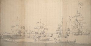 Een weyschuit wordt aan wal getrokken in een drukke haven, ca. 1672 door Willem van de the Elder Velde