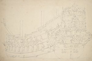 Een Amsterdams schip, mogelijk een Oostindiëvaarder, met ongeveer 50 kanonnen, ca. 1670