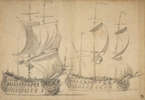Een Engelse derde rang en vierde rang onder gemakkelijke zeil, circa 1677 door Willem van de the Elder Velde