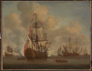Kalmte: een Engelse tweedekker met geloste zeilen die een saluut afvuurt door Willem van de the Elder Velde