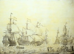 Nederlandse schepen komen voor anker nabij de kust door Willem van de the Elder Velde