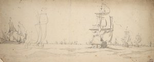 Nederlandse schepen op weg naar de hoofdvloot, mei? 1672, ca. 1672 door Willem van de the Elder Velde