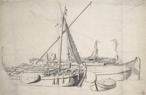 Studie van een damlooper en een smalschip naast elkaar, ca. 1665 door Willem van de the Elder Velde