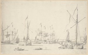 De jachten en schepen voor anker nabij Sheerness, c.1677 door Willem van de the Elder Velde