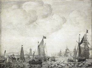 Handelsschepen naar het Oosten en hun escorte, vertrekkend uit Vlie (of Vliestroom), maritieme route tussen de eilanden Vlieland en Terschelling (Nederland), 9 juni 1645