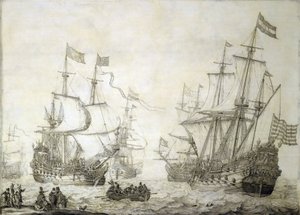 Twee koopvaardijschepen van de Nederlandse Oost-Indische Compagnie, die de kust verlaten bij kalme wind door Willem van de the Elder Velde