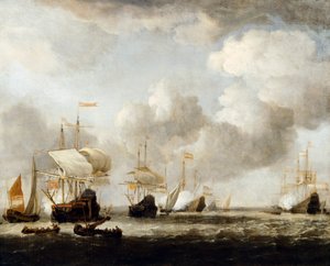 Een Nederlandse vloot die in een bries komt ankeren door Willem van de the Younger (attr.to) Velde
