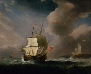 Een Engelse Tweedekker in een Sterke Wind met een ander Schip op de Achtergrond