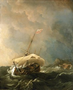 Brits schip in een stormachtige wind, probeert te ontsnappen van de rotsachtige kust