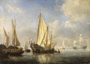 Schepen in een kalmte met een staatsjacht aan het einde van een pier, ca. 1680
