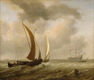 Twee kaags op zee voor een frisse bries, eind 17e eeuw door Willem van de Velde the Younger