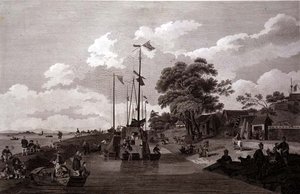 Uitzicht op het Pao-Yng Meer waar het wordt Gescheiden van het Grote Kanaal door een Aarden Wal, gegraveerd door William en Elizabeth Ellis, gepubliceerd door G. Nicol