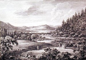 Een Uitzicht vanaf Ulswater richting Pooley Bridge, gegraveerd door Chatelin en Canot door William (after) Bellers