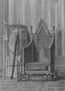 De Kroningsstoel van de Engelse Soevereinen, met het Schild en Zwaard van Staat van Edward de Derde, Westminster Abbey door William (after) Capon