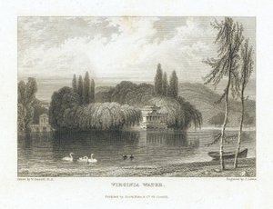 Virginia Water, Lake Surrey (Engeland), nabij Windsor, uitzicht op het Chinese paviljoen omgeven door bomen op een eiland in het midden van het meer. Gravure door J. Lewis naar William Daniell (1769-1837). door William (after) Daniell