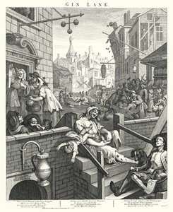 Gin Lane (gravure) door William (after) Hogarth