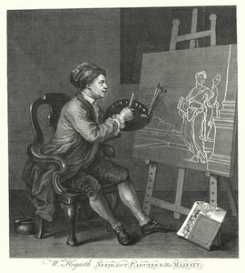 Zelfportret van de Engelse kunstenaar William Hogarth (gravure)