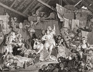 Rondtrekkende Spelers repeteren in een Schuur, gegraveerd door G Presbury, uit De Werken van Hogarth gepubliceerd Londen 1833 (zwart-wit gravure) door William (after) Hogarth