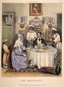 Het ontbijt. Een jong getrouwd stel (een ambtenaar van de Oost-Indische Compagnie en zijn vrouw) ontbijten met gebakken vis, rijst en Sylhet-sinaasappels, met bedienden in dienst. Lithografie door J. Bouvier door William (after) Tayler
