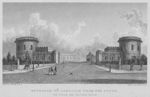 Ingang naar Carlisle vanuit het zuiden, de gevangenis en het gerechtsgebouw (gravure)