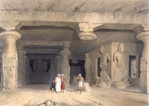 Interieur van de Grote Grot Tempel van Elephanta, nabij Bombay, in 1803, uit Volume II van 