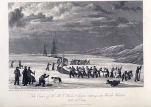 De bemanning van H.M.S. Hecla en Griper snijden zich een winterhaven in, 26 september 1819, illustratie uit 