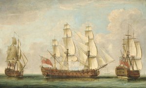 Het Eerbare [Oost-Indische] Compagnieschip Bessborough in drie posities in het Kanaal met haar dekken vol mensen door William (attr. to) Elliott