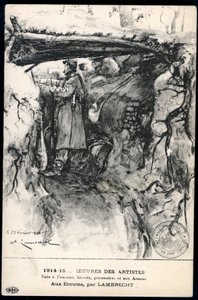 Eerste Wereldoorlog - Oorlog 14-18 (1914-1918) - Wereldoorlog I (WWI of WW1): Frankrijk, Patriottische kaart met een tekening van een soldaat in een loopgraaf die de frontlinie observeert, getiteld: 