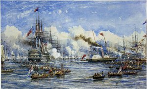 Hare Majesteits bezoek aan het vlaggenschip op 11 augustus door William Adolphus Knell