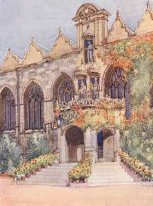 Ingang van Oriel College Hall, met beelden van de Maagd en Kind, Edward II, de nominale oprichter van het college, en Charles I, in wiens regeerperiode de hal werd gebouwd
