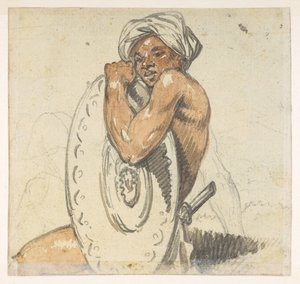 29v Jonge man met schild, uit een Album van 372 tekeningen van landschappen, kustlijnen, kostuums en het dagelijks leven gemaakt tijdens Lord Macartney