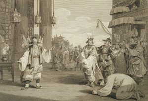 Een scène in een historisch toneelstuk opgevoerd op het Chinese podium, gegraveerd door James Heath, uitgegeven door G. Nicol, 1796