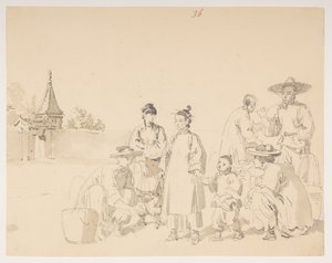 Een groep, uit een Album van 372 tekeningen van landschappen, kustlijnen, kostuums en het dagelijks leven gemaakt tijdens de ambassade van Lord Macartney naar de Keizer van China door William Alexander