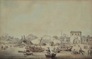 Chinese schuiten van de ambassade die zich voorbereiden om onder een brug door te varen door William Alexander