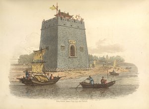 Uitzicht op een kasteel. Beschreven als zijnde nabij de stad Tien-sin. Binnen de kantelen is een gebouw om wachters te beschutten, een van hen slaat op een gong om de nadering van een onderkoning of mandarijn van rang aan te kondigen aan het garnizoen.