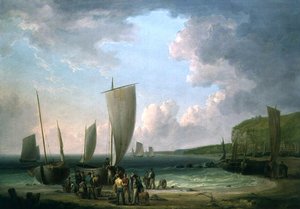 Een kustlandschap met vissers die lossen