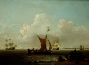 Nederlandse schepen voor de kust van Holland met vissers die een boot laden aan de kust door William Anderson