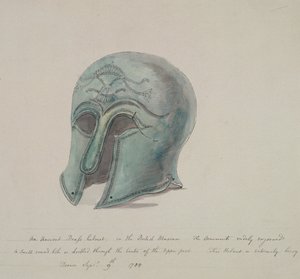 Oude bronzen helm uit het British Museum, Holborn, Londen, 1784