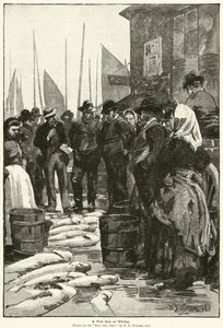 Een Visverkoop in Whitby door William Barnes (after) Wollen