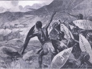 Gevechten in de Matoppo Heuvels: aanval van de Matabele, illustratie uit Cassells Geschiedenis van Engeland, 1900s door William Barnes Wollen