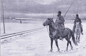 Bewaking van de spoorweg bij Mukden, illustratie uit Cassells History of the Russo-Japanese War Vol 1, ca. 1900