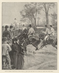 Steeplechase van het Lagerhuis in Rugby, 29 maart, stormloop bij de eerste hindernis, Mr A E Pease, MP, leidt met Norah Creina door William Barnes Wollen