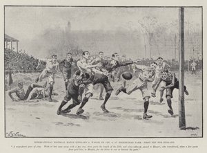 Internationale voetbalwedstrijd (Engeland v Wales) op 6 januari, in Birkenhead Park, Eerste Try voor Engeland door William Barnes Wollen