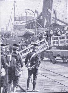 Japanse troepen schepen in bij Kobe, illustratie uit Cassells History of the Russo-Japanese War Vol 1, ca. 1900 door William Barnes Wollen