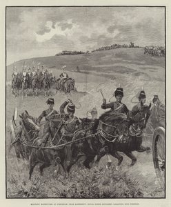 Militaire manoeuvres bij Frensham, nabij Aldershot, Royal Horse Artillery galopperend in positie door William Barnes Wollen